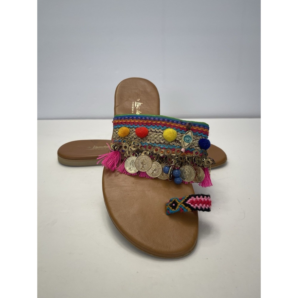 ELINA‎ LINARDAKI Jaipur Sandals Pom Poms Coins Evil Eye Charms Womens 39  8.5 US